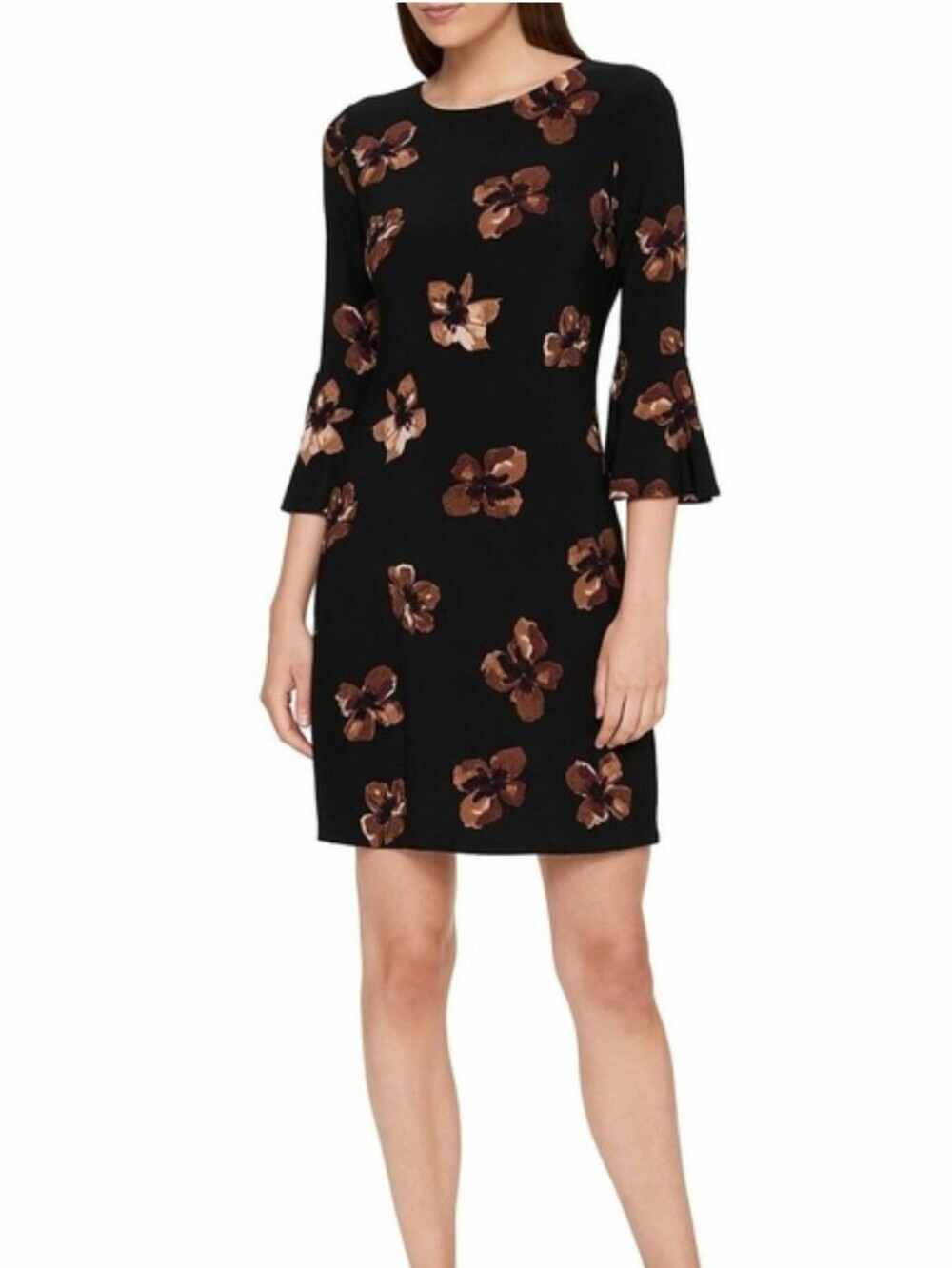Tommy Hilfiger Brown Tan Floral 3/4 Bell Sleeve Dress Women's Size 8